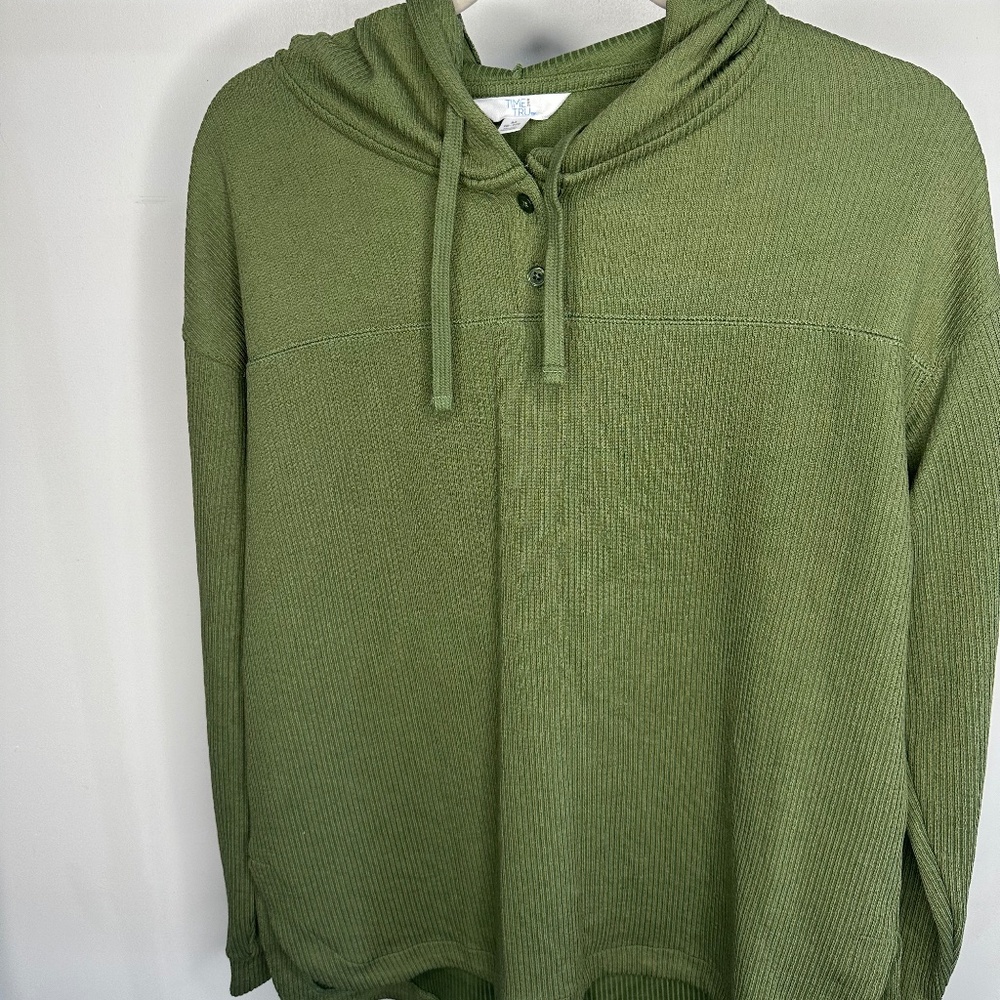 Time & Tru Olive Ribbed Lightweight Hooded Long Sleeve-Size Medium